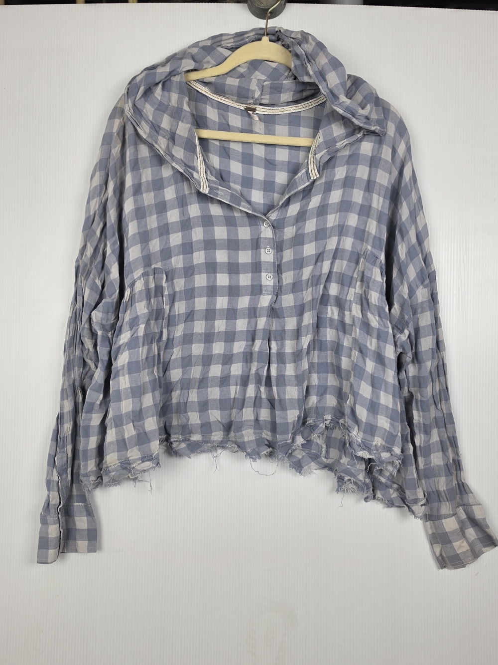 Light Blue and White Plaid Hooded Button-Front Women's Top